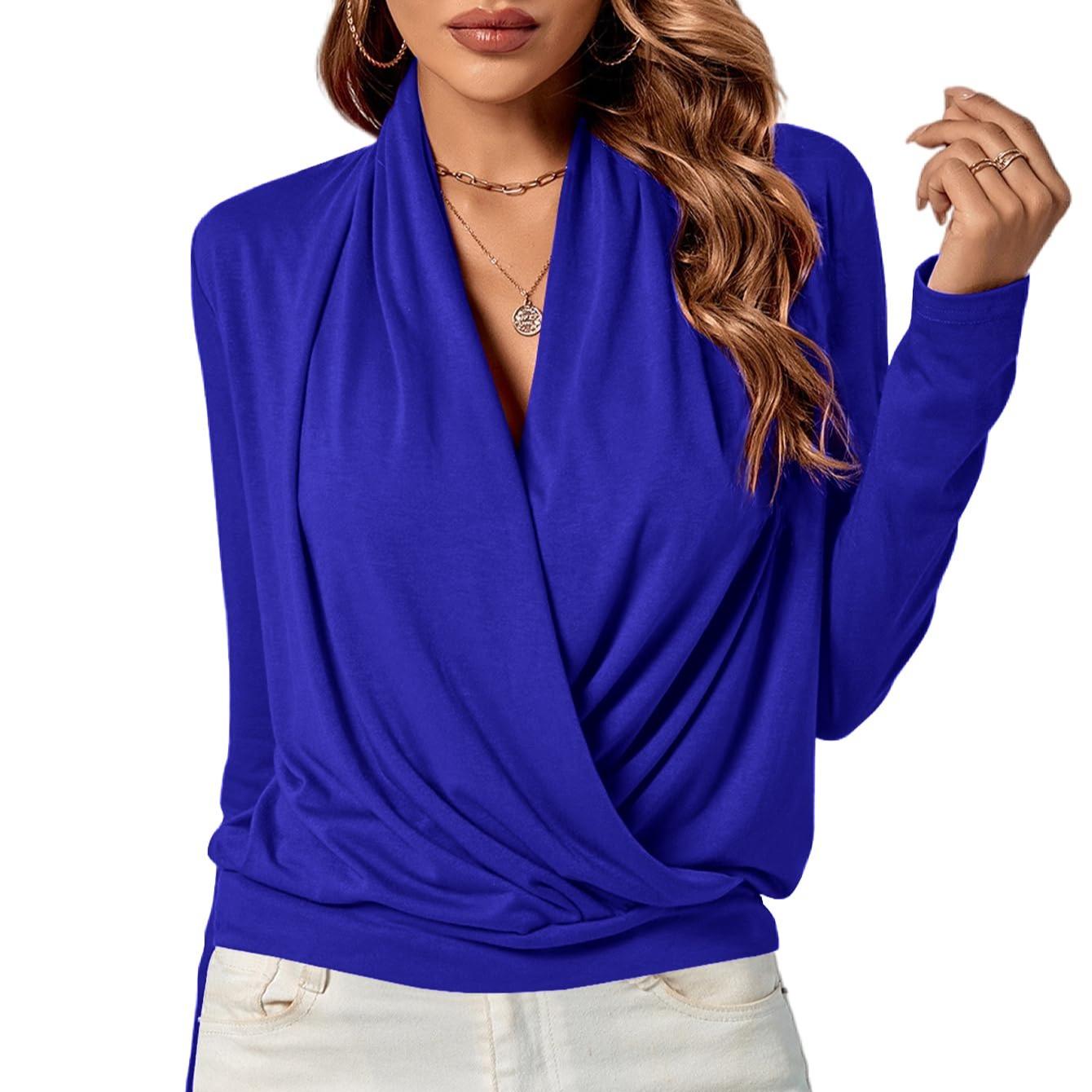 LYANER Women's Casual V-neck Cross-over Long Sleeve Summer New Style Fashion Solid Color Women's Shirt Top