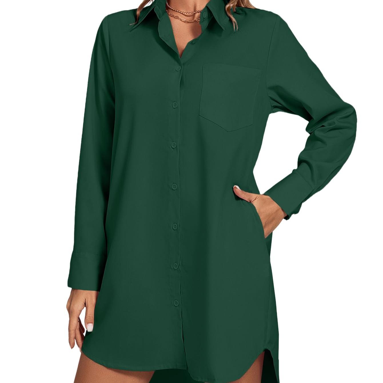 LYANER Women's Fashion Stand-up Collar V-neck Button-up Long-sleeved Curved Hem Shirt Dress  Sexy Form-fitting Summer Clothing with Pockets  Pure