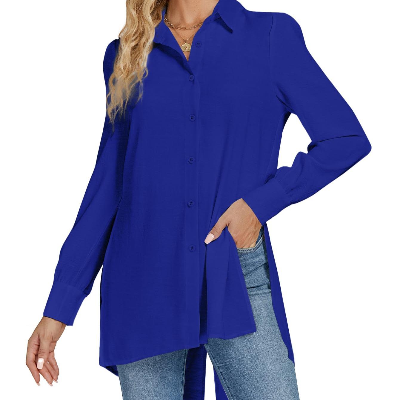 LYANER Women's V-neck Fashion Slit Hem Button-up Long-sleeved Shirt White Dress Top  Fashionable and Elegant Style