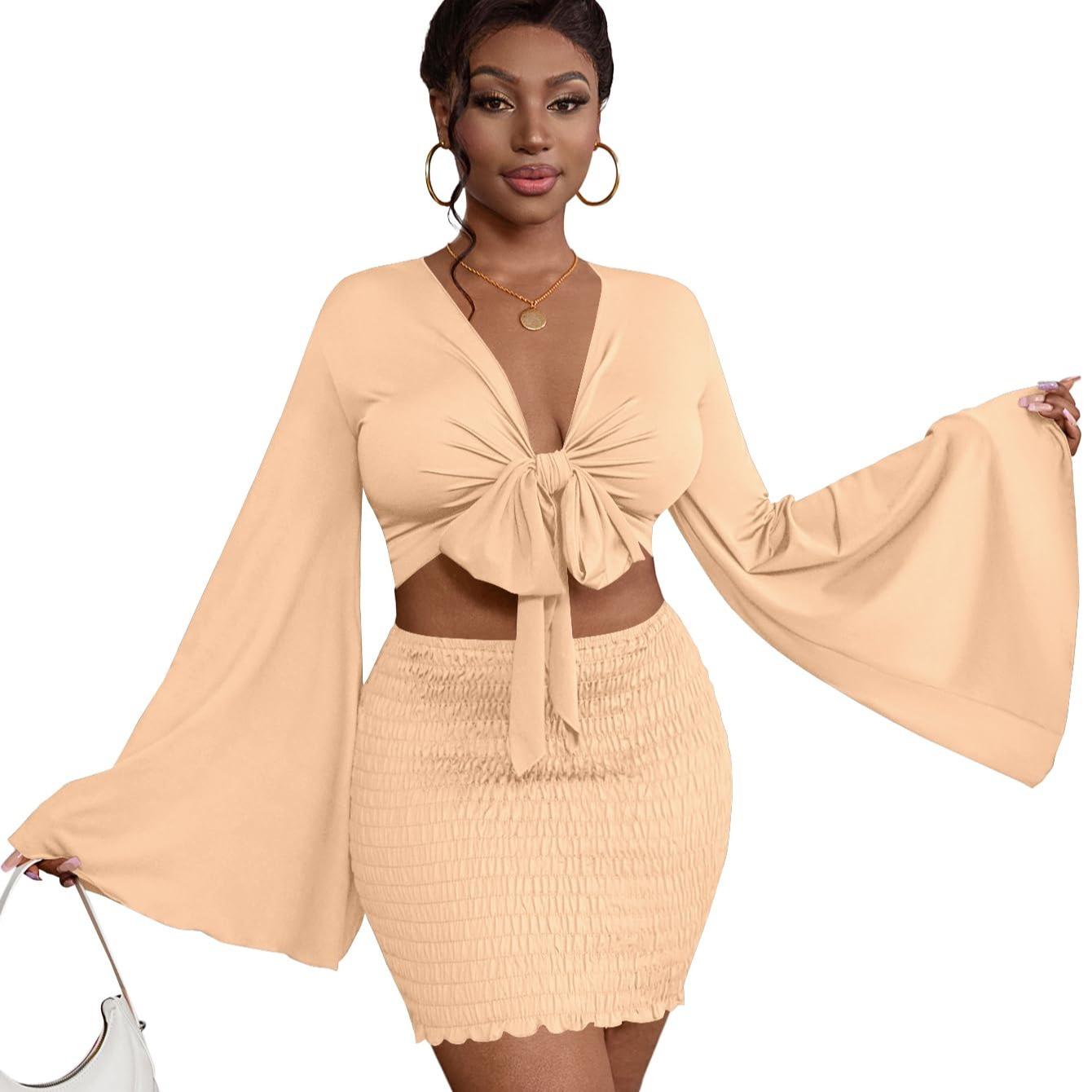 LYANER Women's Two-Piece Set with Tie-Front Slit Long-Sleeved Cropped Top and Mini Skirt Set in Light Green Girly Style Clothing