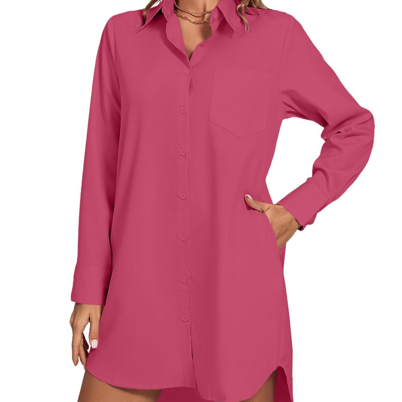 LYANER Women's Fashion Stand-up Collar V-neck Button-up Long-sleeved Curved Hem Shirt Dress  Sexy Form-fitting Summer Clothing with Pockets  Pure