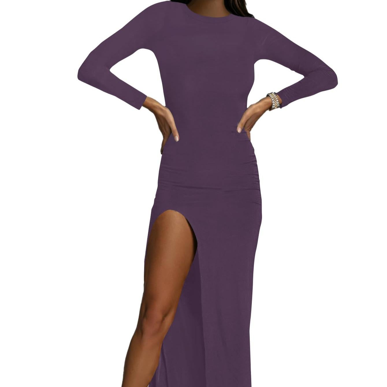 LYANER Women's High-Neck Long-Sleeve Split Hem Layered Hemline Cocktail Long Dress Summer Slim-Fit Fashionable Pure Black Long Dress