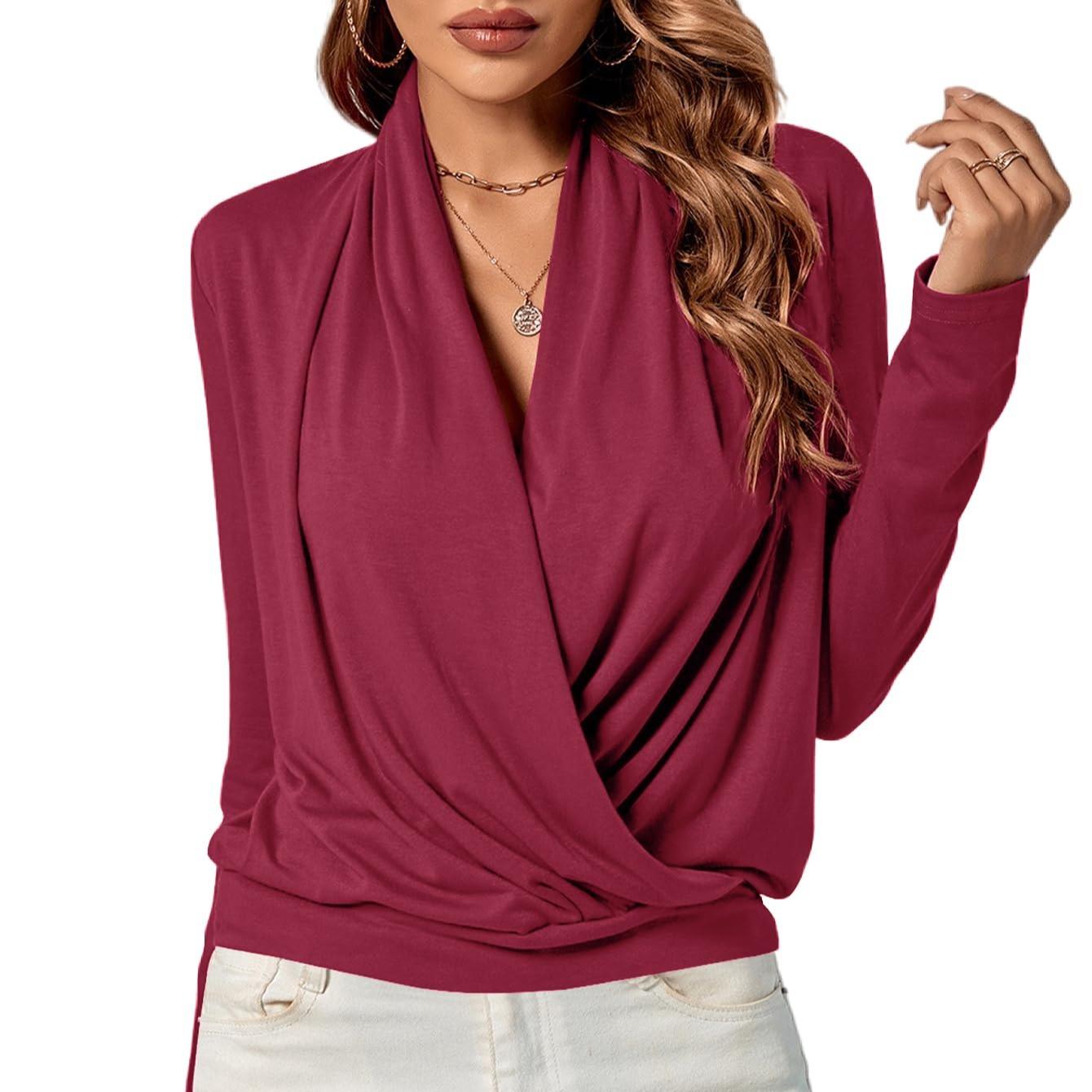 LYANER Women's Casual V-neck Cross-over Long Sleeve Summer New Style Fashion Solid Color Women's Shirt Top