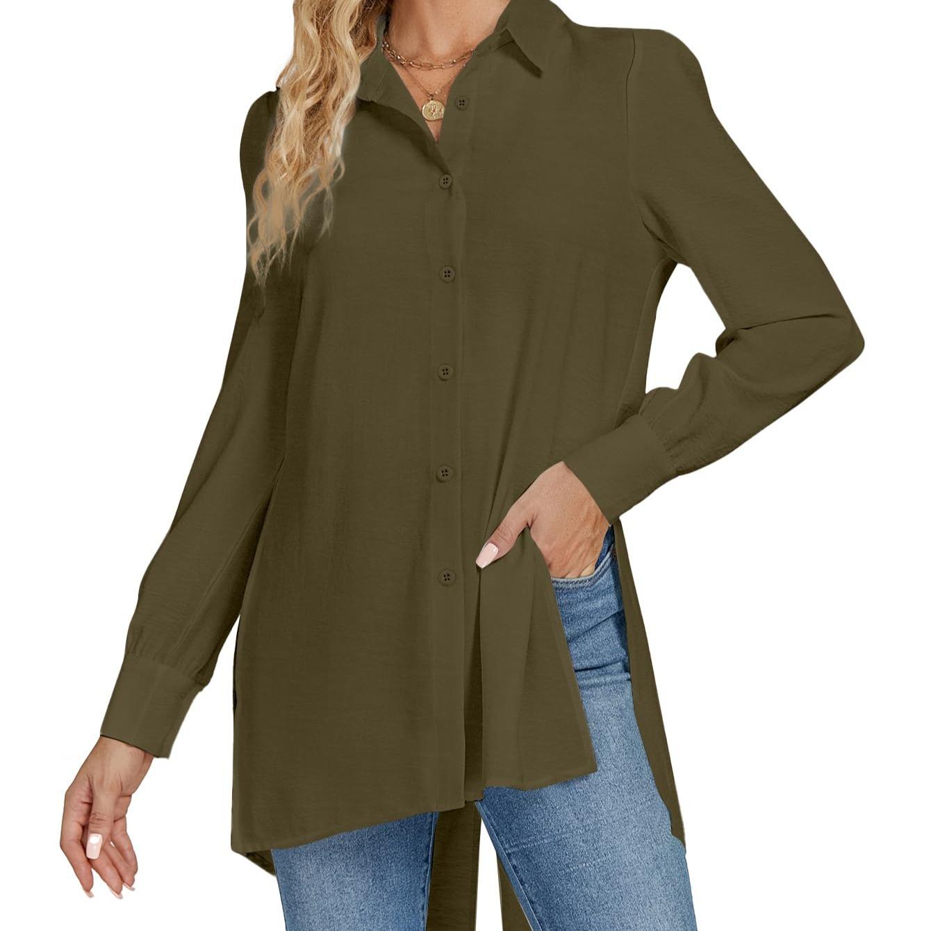 LYANER Women's V-neck Fashion Slit Hem Button-up Long-sleeved Shirt White Dress Top  Fashionable and Elegant Style