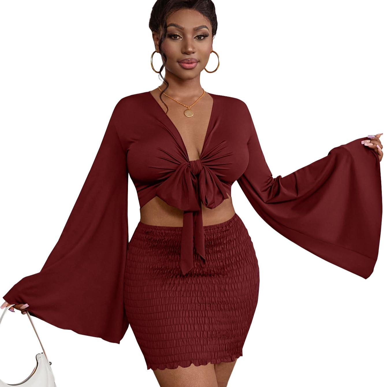 LYANER Women's Two-Piece Set with Tie-Front Slit Long-Sleeved Cropped Top and Mini Skirt Set in Light Green Girly Style Clothing