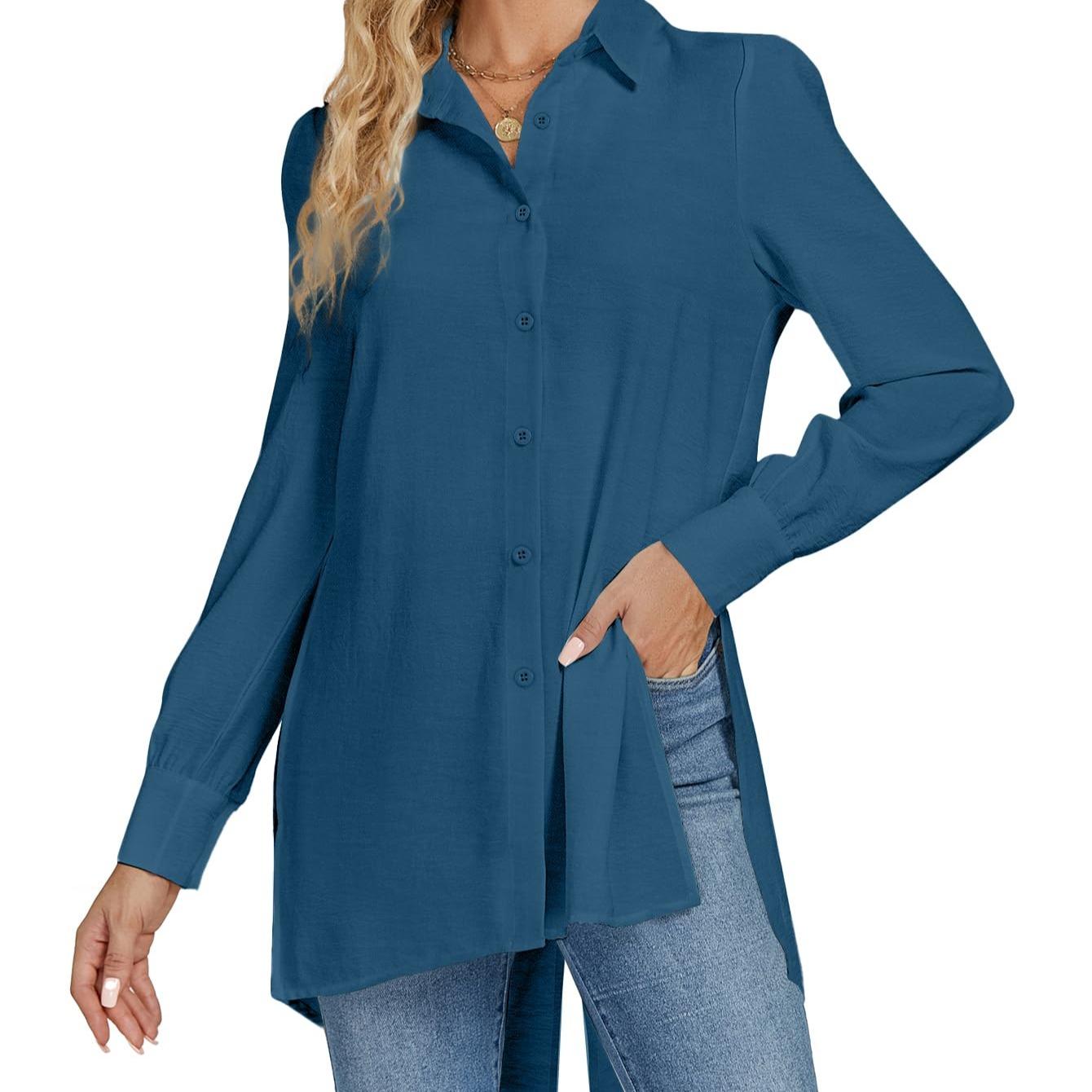 LYANER Women's V-neck Fashion Slit Hem Button-up Long-sleeved Shirt White Dress Top  Fashionable and Elegant Style
