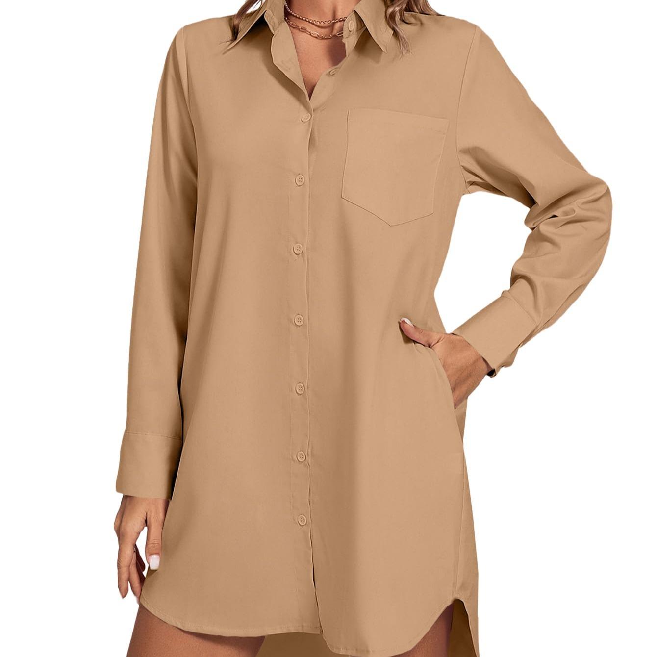 LYANER Women's Fashion Stand-up Collar V-neck Button-up Long-sleeved Curved Hem Shirt Dress  Sexy Form-fitting Summer Clothing with Pockets  Pure