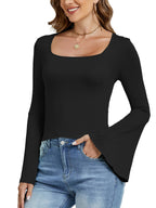 LYANER Long Sleeve Square Neck Slim Tee Top
