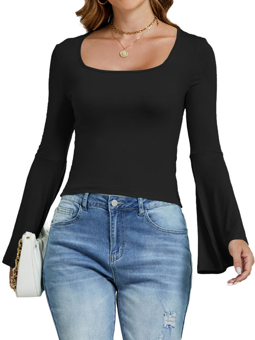 LYANER Long Sleeve Square Neck Slim Tee Top