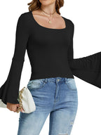 LYANER Long Sleeve Square Neck Slim Tee Top