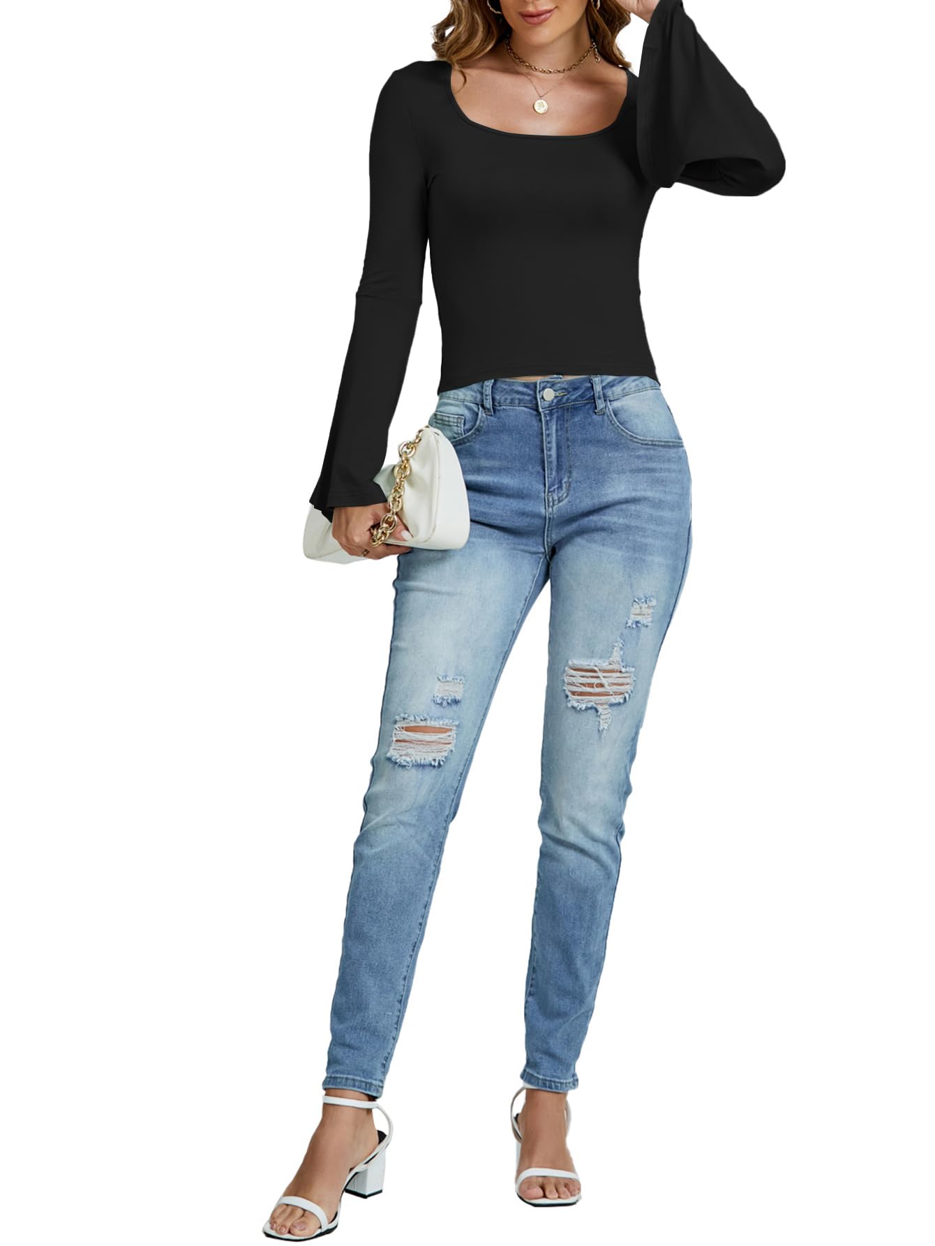 LYANER Long Sleeve Square Neck Slim Tee Top